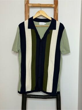 Topman Vertical Stripe Camp Collar Polo in Sage, Navy & Olive